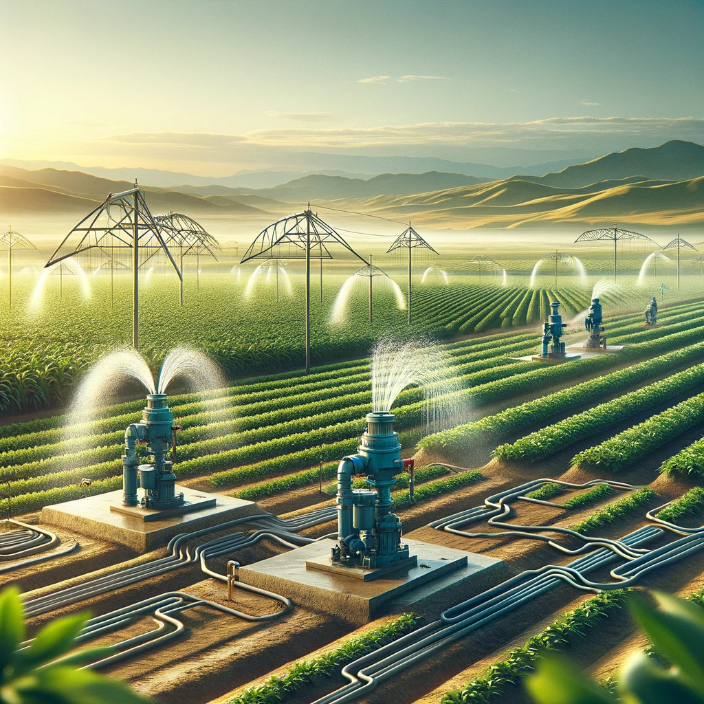 Lush green fields efficiently irrigated by a network of Myers Pumps in a vast agricultural landscape.