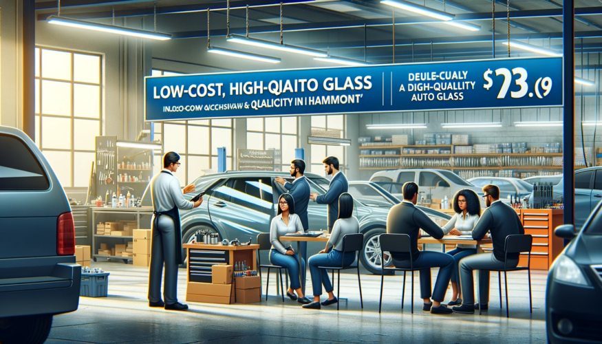 Inside the workshop of 'Low-Cost, High-Quality Auto Glass in Hammond', showing a busy operation. A South Asian female technician installs a windshield, and a Black male technician consults a Caucasian couple about affordable options. The workshop is clean and equipped with advanced tools, showcasing low cost and high quality.