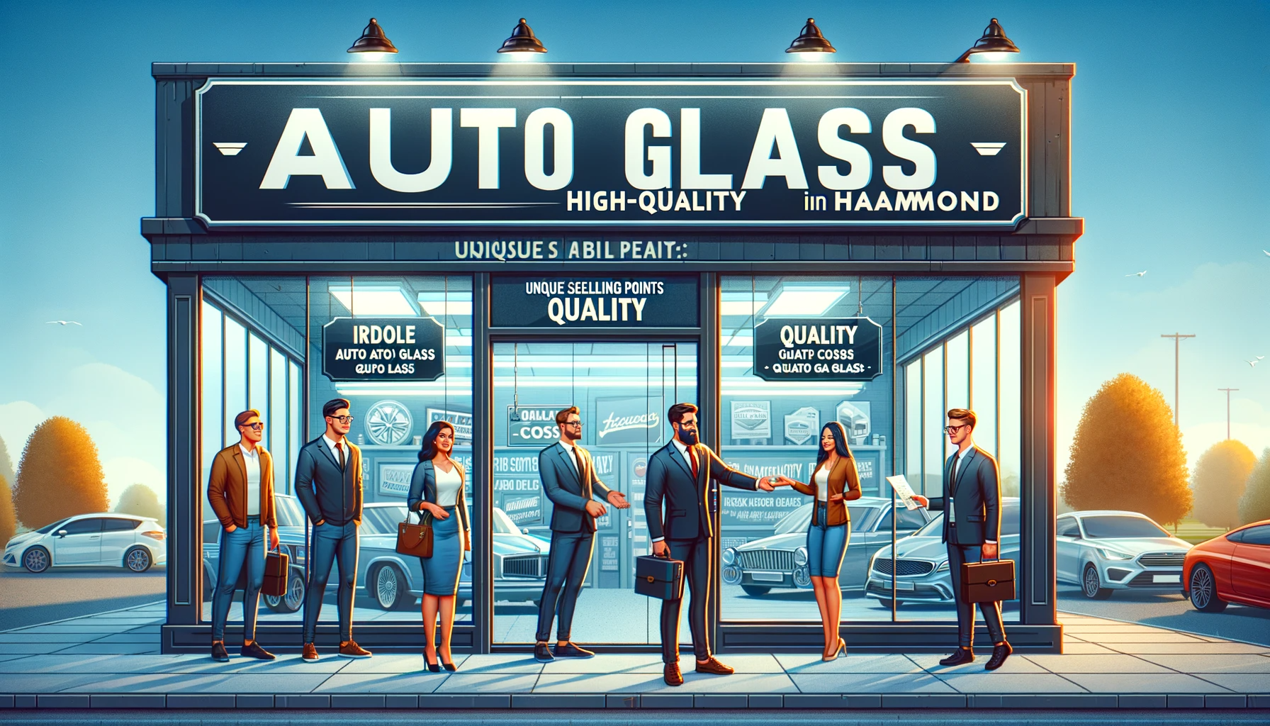 The storefront of 'Low-Cost, High-Quality Auto Glass in Hammond' features a sleek design with signs about affordability and quality. A window shows the busy workshop inside. Outside, a Hispanic woman and a Middle-Eastern man, among other customers, are contentedly leaving, receiving a flyer from a Caucasian male employee.