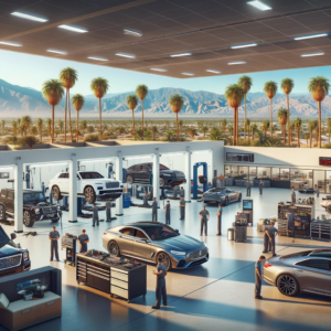 A high-end car service facility in Palm Springs with skilled mechanics working on luxury vehicles.