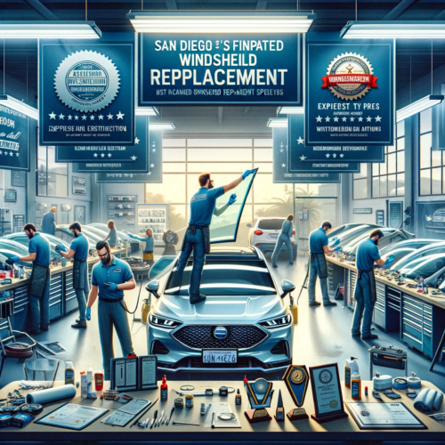 Expert technicians at work in a top-rated windshield replacement center in San Diego, with awards and certifications displayed.