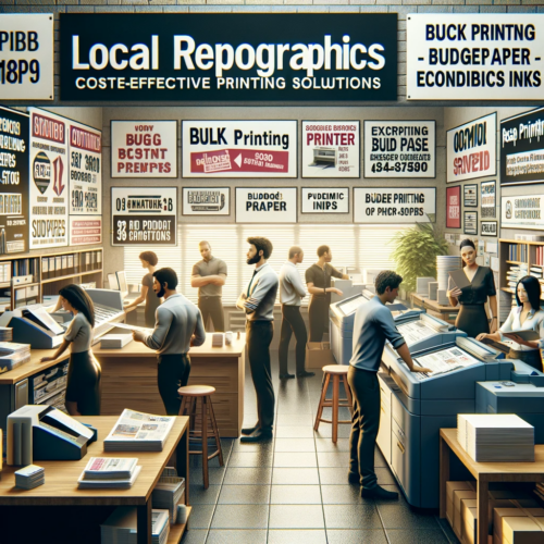 Customers and staff discussing affordable printing options in a busy local reprographics printing shop.