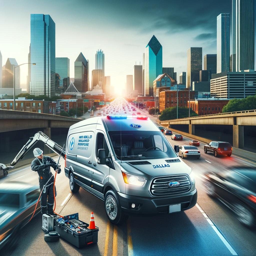 Mobile windshield replacement service van on a busy Dallas street, attending to a commuter's car.