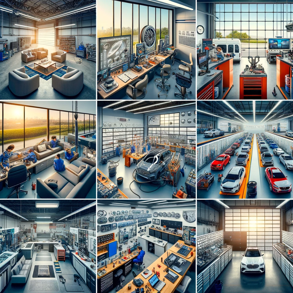 A collage depicting the interiors of various top-rated auto glass repair shops in Dallas.