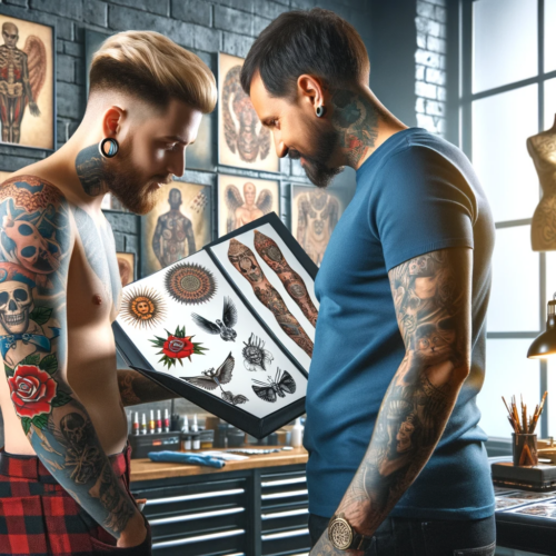A tattoo artist showing a portfolio of sleeve designs to a client in a studio adorned with tattoo art.