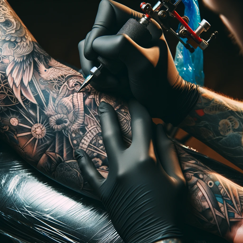 A tattoo artist working on a detailed sleeve design on a client's arm, showcasing artistic skill and precision.
