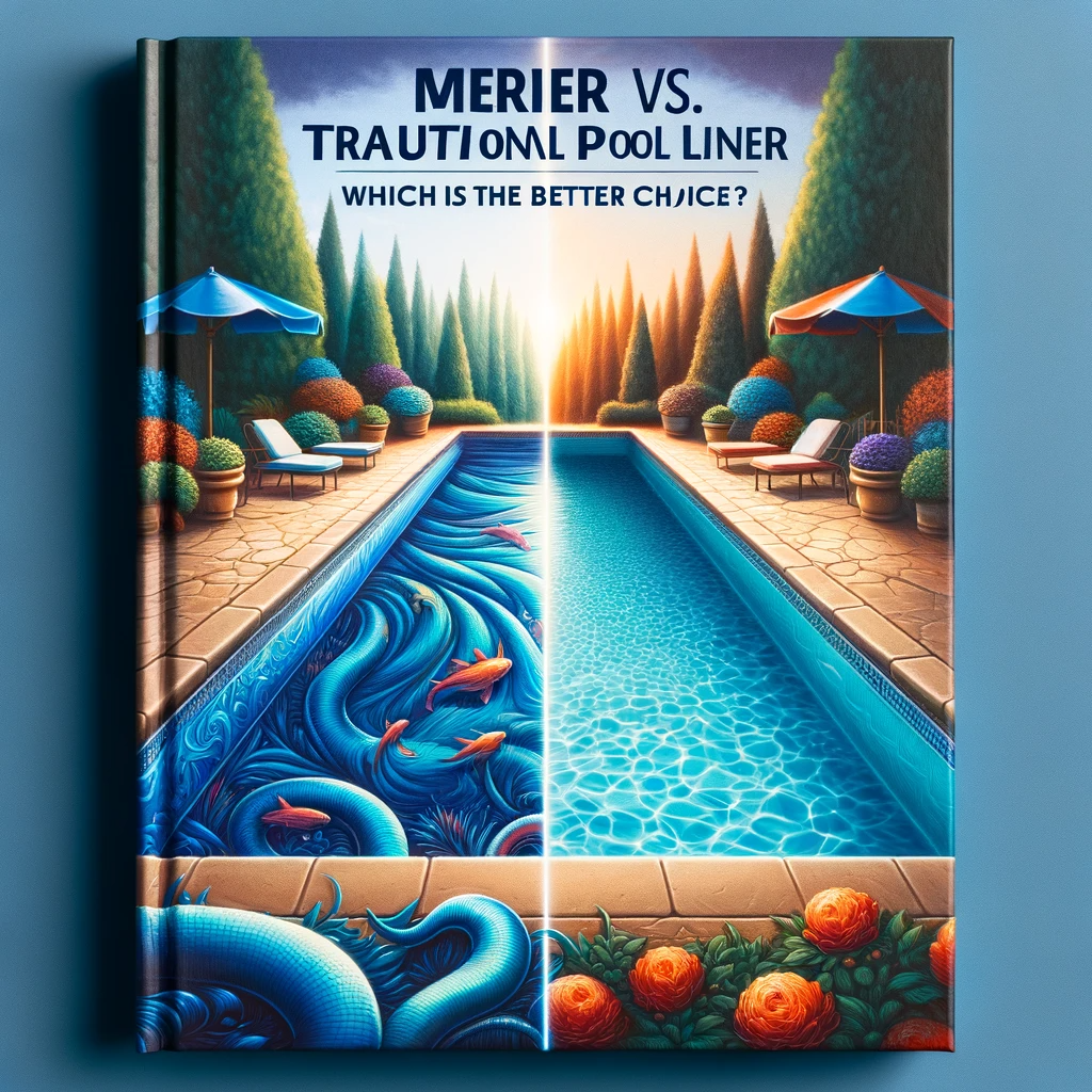 Book cover showing a split design comparing a vibrant Merlin pool liner on one side and a less vibrant traditional liner on the other, highlighting the difference in quality.