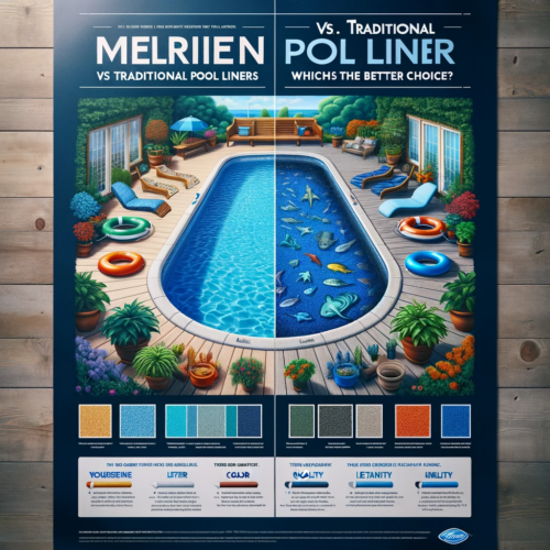 Advertisement poster with a side-by-side comparison of pools, one with a superior Merlin liner and the other with a traditional liner, showcasing the differences.