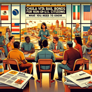 A diverse group of people from various nationalities around a table, with a bail bonds agent explaining the process, in a Chula Vista office setting.