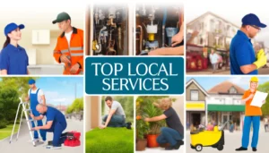 A vibrant local community with various service providers, including a plumber, electrician, landscaper, and cleaning crew, all actively engaged in their work.
