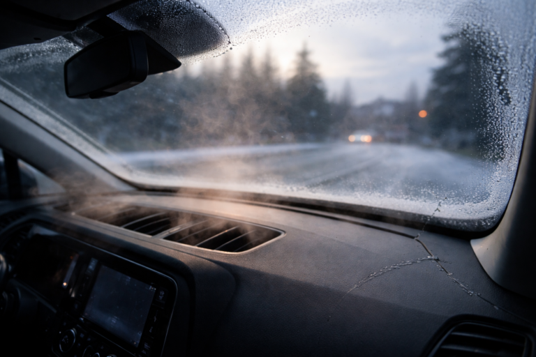 Frosted windshield on winter morning