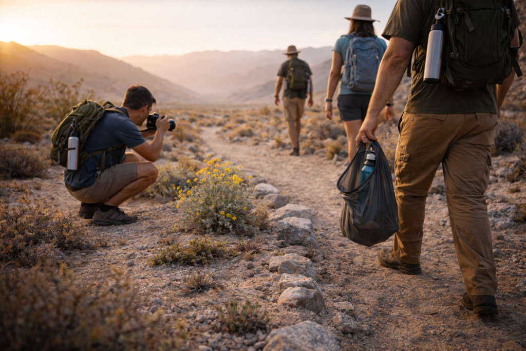 Hikers on desert trail at sunrise