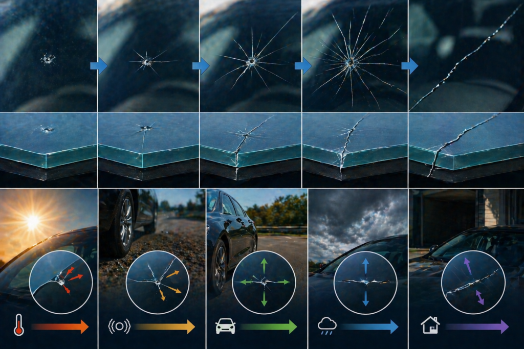 Progression of windshield crack formation