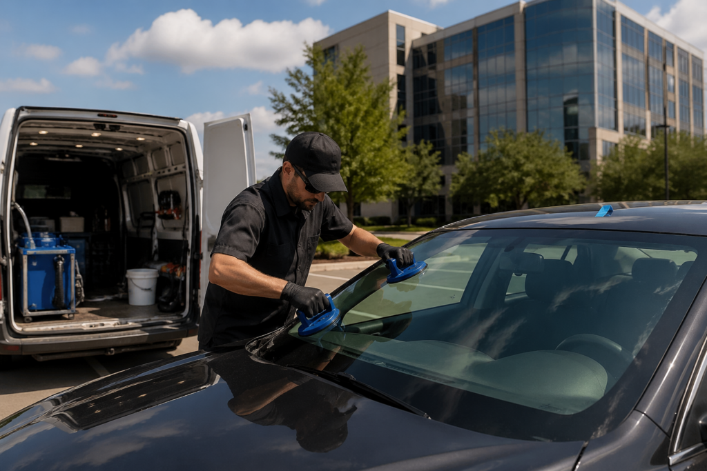 Mobile auto glass technician repairing a car windshield beside a service van in a Dallas residential area under clear daylight.