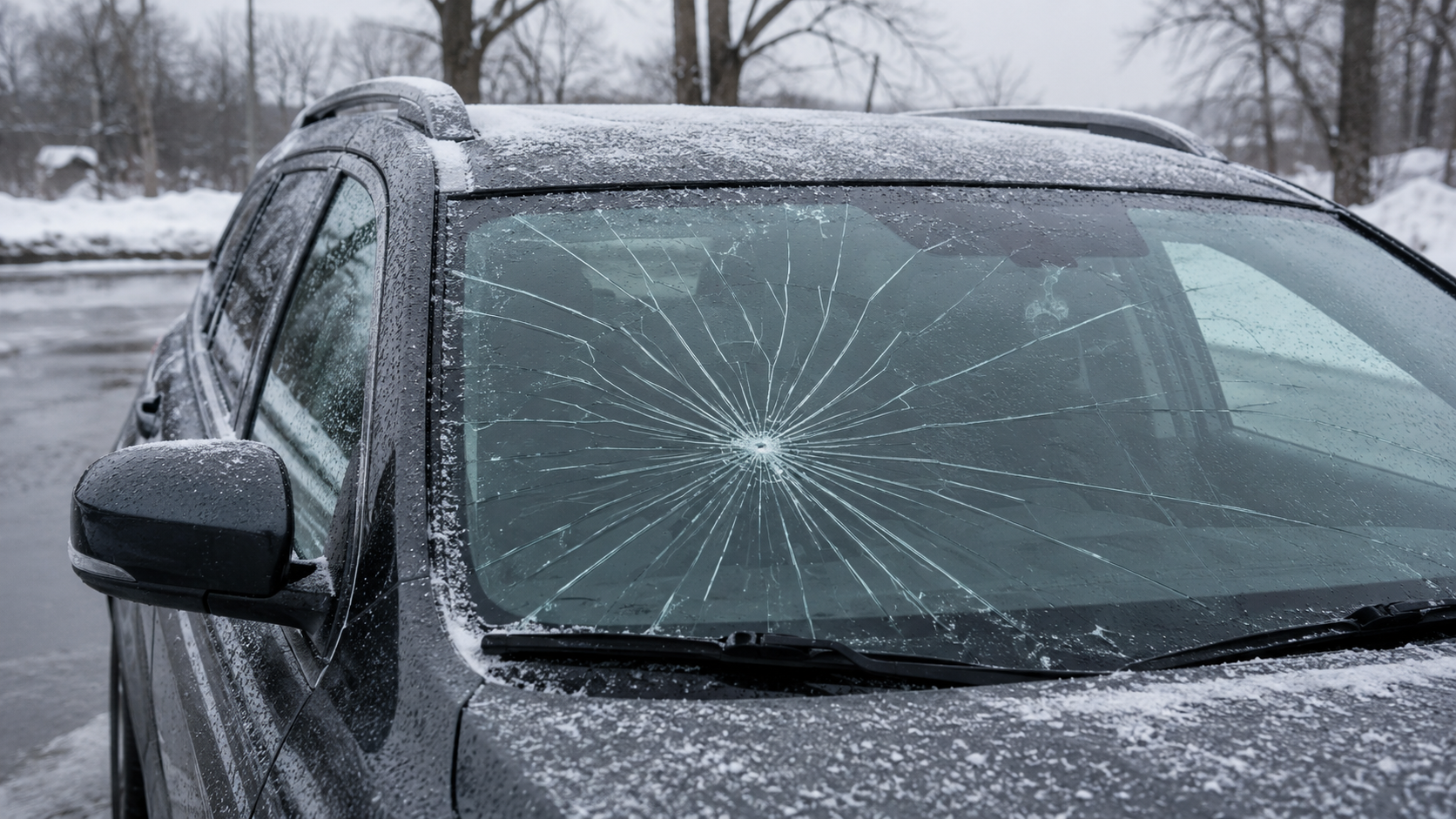SUV with cracked windshield in snow